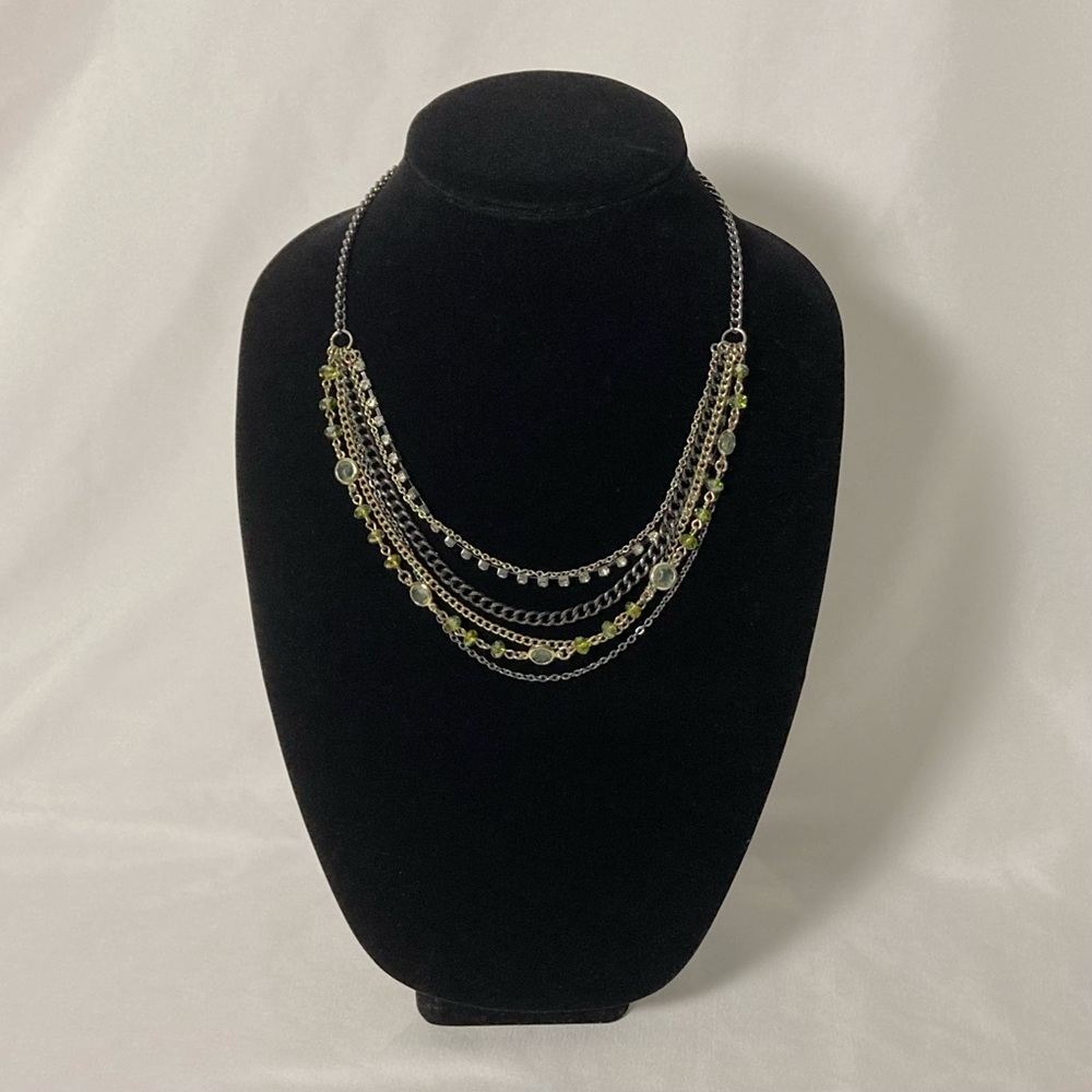 Layered Rhinestone Embellished Silver And Gold Chain Green Beaded Necklace